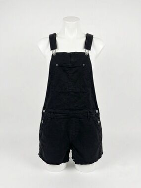 American Eagle Outfitters Baggy Black Denim Short Overalls Raw Edge Y2K 90s Fray